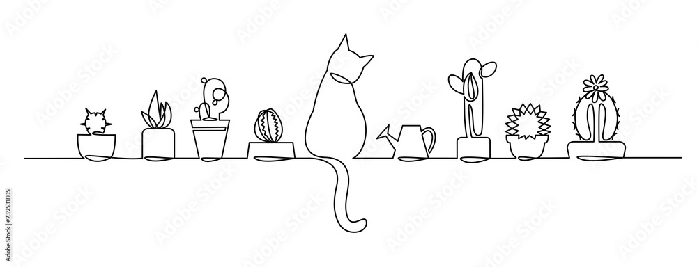 Continuous one Line Drawing of Vector Cute Cactus. Black and White Sketch House Plants with a cat and a watering can on the window sill. - obrazy, fototapety, plakaty 