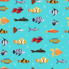 Wall Mural - Seamless vector pattern with cute decorative fishes illustration. Funny multicolor background, marine texture underwater aquatic fishing animals.