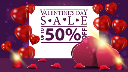 Valentine's Day discount purple banner with two hearts