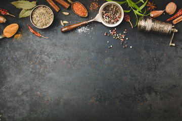 Wall Mural - Spices and vintage pepper grinder on dark background