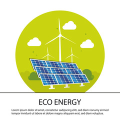 Wall Mural - eco concept solar panels and wind turbines with clouds and trees - vector illustration