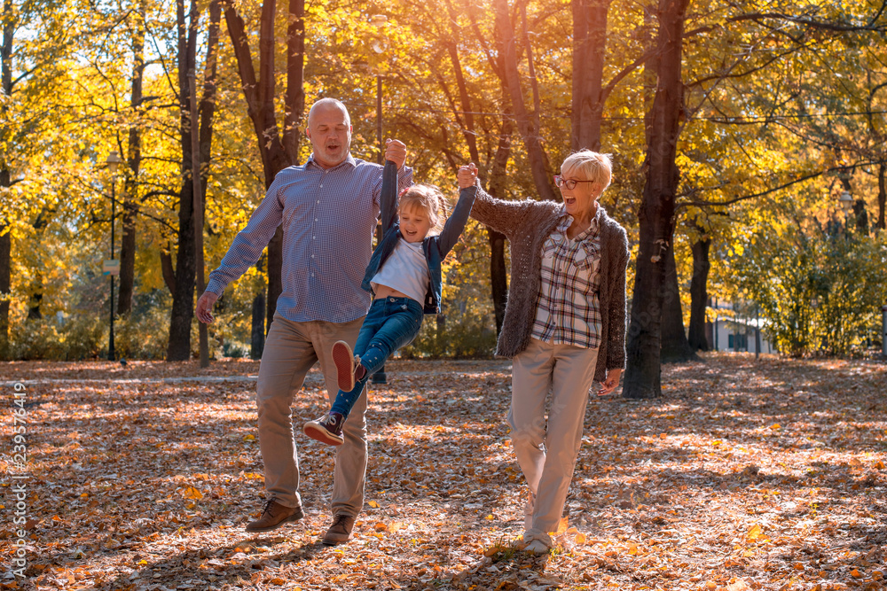 Happy grandparents and granddaughter having fun in autumn park together - obrazy, fototapety, plakaty 