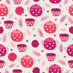 St. Valentine's Day seamless pattern with roses, branches, cup, teapot