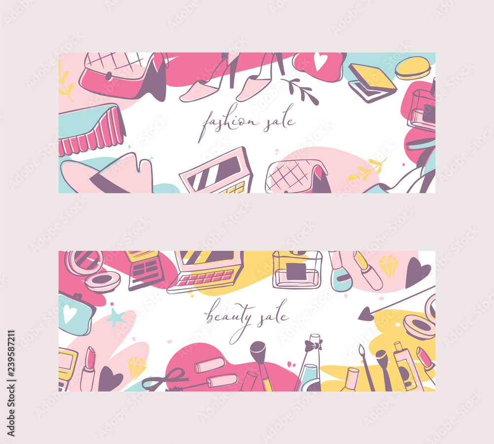 Accessories for girls banners vetor illustration. Woman stuff flyer with sales for shops and beauty salons. Fashion, elegance. Cosmetics, toiletry, bags, shoes, hat, mascara.