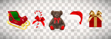 Winter Holiday Icons On Transparent Background. Set Of Christmas Santa Claus Slide, Hat, Gift Box With Golden Ribbon, Candy Cane And Teddy Bear Toy With Red Bow. Realistic Vector Illustration