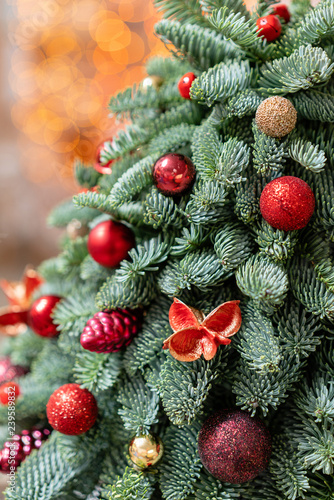 Beautiful Small Decorated Christmas Tree On Dark Wooden Table