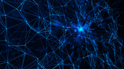Connected polygons plexus geometric background. Abstract digital background with cybernetic particles. Big data background. 3d rendering.
