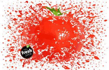 Tomato with a splash of fresh juice. Explosion and splashes of ripe juicy fruit. White background, Vector Illustration