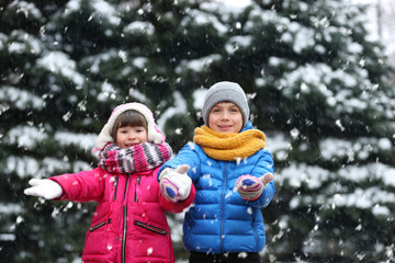 Sticker - Happy children playing outdoors on snowy day