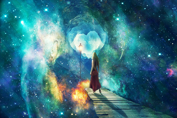 abstract artistic modern digital multicolored universe explored by a young woman artwork