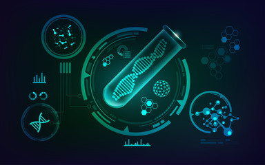 Wall Mural - concept of genetic engineering, vector of realistic test tube and shape of dna inside with science technology analysis interface