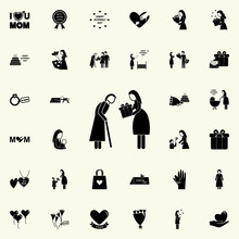 Daughter Gives A Gift To An Adult Mother Icon. Mother's Day Icons Universal Set For Web And Mobile