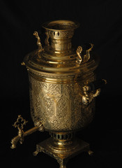 Wall Mural - shiny samovar engraved on a black background