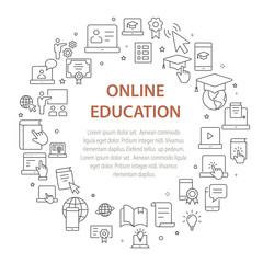 Poster - E-learning distance education outline icons set for interface, print.