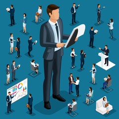 Wall Mural - isometric cartoon people, 3d businessmen big director small workers and subordinate qualitative draw