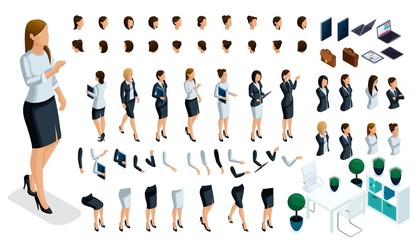 Large isometric Set of hand and foot gestures of a woman, to create a 3D business lady character. Create your isometric person for vector illustrations