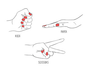 Vector illustration of beautiful women's hands with red manicure drawn with a tablet. black and white set, game rock, scissors, paper, three gestures with nail polish isolated on white background