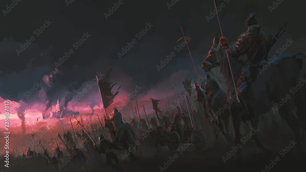 The pressure of the army, ancient war scenes, digital painting. - obrazy, fototapety, plakaty 