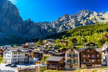 Wall Mural - Chalet and hotels in swiss village in Alps, Leukerbad, Leuk, Vis