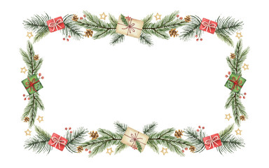 Wall Mural - watercolor vector christmas banner with green fir branches and gift.