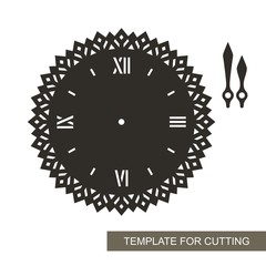 Openwork dial with arrows and roman numerals. Silhouette of clock on white background. Decor for home. Template for laser cutting, wood carving, paper cut and printing. Vector illustration. 