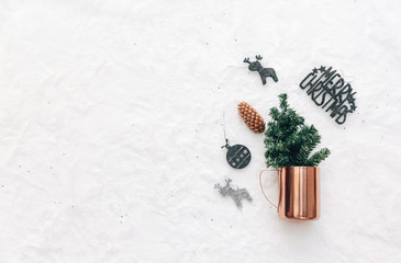 Canvas Print - Christmas  composition with Cooper cup, flat lay, decorations on white background. Top view