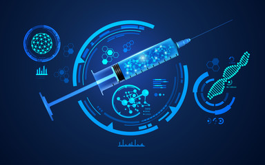 concept of medical health care technology, graphic of realistic syringe with abstract vaccine inside