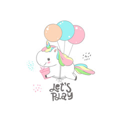 Wall Mural - Cute Baby Unicorn Fly on Balloon Dream Card Design. Magic Fantasy Pony Character Holding Gift Box Birthday Banner Can be used for t-shirt print, kids wear fashion design, baby shower invitation card.