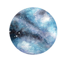 Hand Drawn Stylized Grunge Galaxy Or Night Sky With Stars. Watercolor Space Background. Cosmos Illustration In Circle Isolated On White Background. Brush And Drops.
