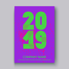 Wall Mural - Cover Annual Report numbers 2019, modern design colorful neon splash background vertical, year 2019 in thin lines striped, written with a pen, vector illustration