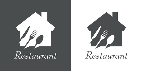 Logotipo texto Restaurant con cubiertos en espacio negativo en vivienda en gris y blanco