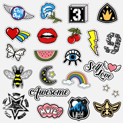 Set of fashion patches in the retro and military style. Trendy stickers design. Vector quotes, numbers, cartoon bee, butterfly, flower, lips, watermelon, heart with wings, cherry, lightning, rainbow