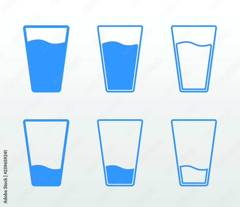 Full and empty glass of water flat icon set (single color, outline and fill) - obrazy, fototapety, plakaty 