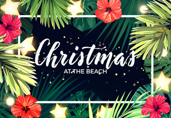 Wall Mural - Tropical Christmas on the beach design with monstera palm leaves, hibiscus flowers, gold glowing stars and light bulbs, vector illustration.
