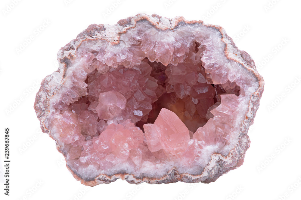 Rare Pink Amethyst Geode Cluster from Patagonia, Argentina. Isolated on white background. - obrazy, fototapety, plakaty 