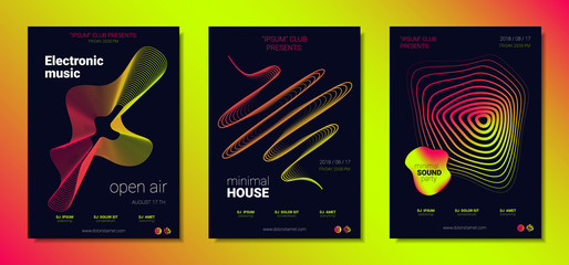 Music Posters Set witn Wave Lines and Distortion.