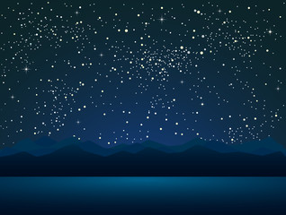 Wall Mural - starry sky with blue mountain and lake. stars sky.
