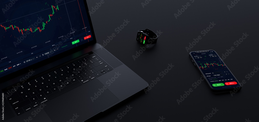 Stock exchange concept app running on laptop, phone and smart watch simultaneous (3D illustration) - obrazy, fototapety, plakaty 