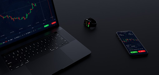 Stock exchange concept app running on laptop, phone and smart watch simultaneous (3D illustration)