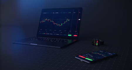 Stock exchange concept app running on laptop, phone and smart watch simultaneous (3D illustration)