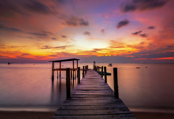 Wall Mural - Landscape of Wooded bridge in the port between sunrise