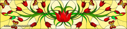Dekoracja na wymiar  ilustracja-w-stylu-witrazu-z-czerwonymi-tulipanami-i-motylami-na-zoltym-tle
