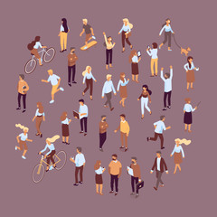 Wall Mural - Different isomeric people vector set isolated on dark background. Male and female characters. Flat isometric vector.