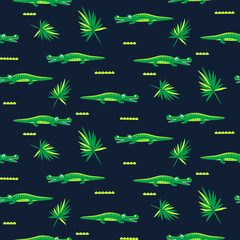 Wall Mural - Crocodile cute green and blue kids pattern design. Seamless textile fabric vector texture.