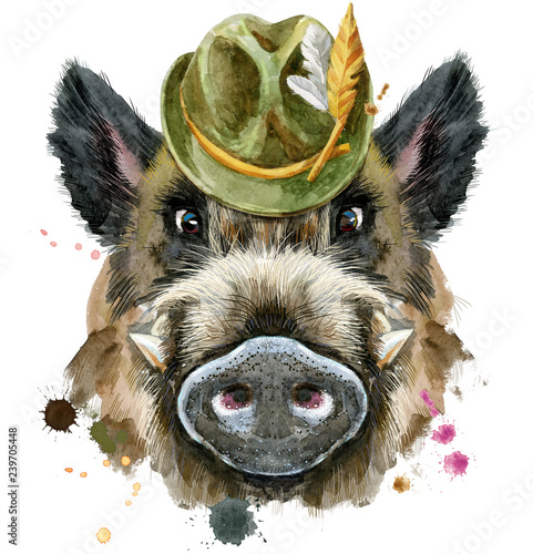 Fotografía Watercolor portrait of wild boar with green hat