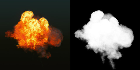 Wall Mural - large explosion with black smoke in dark plus alpha channel. 3d rendering