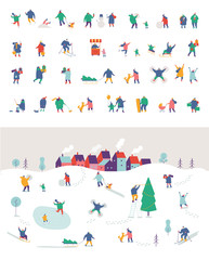 Winter outdoor activities vector set. Winter season background people characters. People have fun. Flat vector illustration.