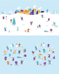 Wall Mural - Winter outdoor activities vector set. Winter season background people characters. People have fun. Flat vector illustration.