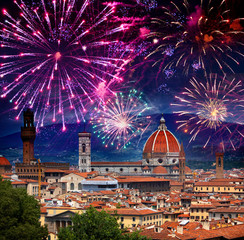 Wall Mural - Celebratory fireworks over . Cathedral Santa Maria del Fiore. Italy. Florence...