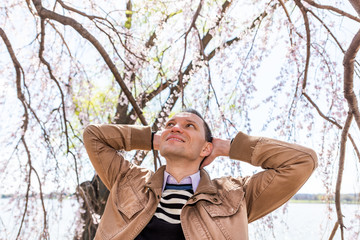 Wall Mural - One man smiling by cherry blossom sakura tree branch in spring looking up low angle with hands behind head happy, branches